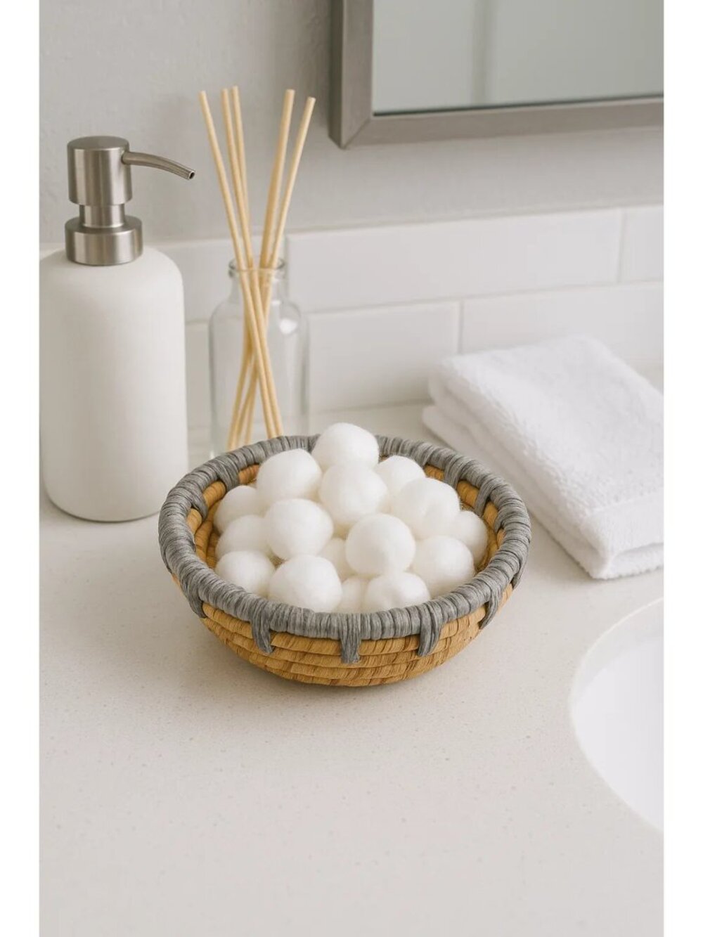 Small Hand-Made Coiled Natural Fiber Basket With Gray Top Coil